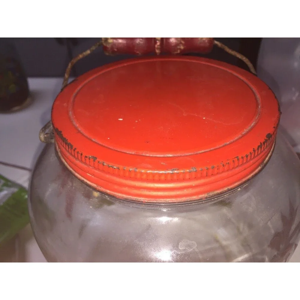 Vintage Christmas Jar w/ Metal Lid, Wooden Handle & 3 Glasses - Poinsettias
